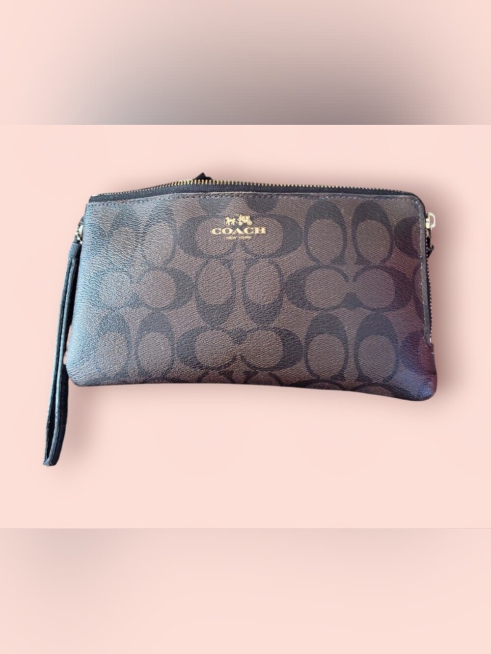 Coach Brown Signature Double Zip Wristlet Coated Canvas Gold Hardware F52057